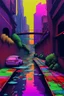 Placeholder: painting of a cyberpunk colourful natural walkway rubbish on the street in the city with pollution and a small bridge by a creek by monet and replicant dreams androids and electric sheep