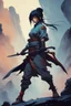 Placeholder: Original anime Japanese female kungfu warrior main character . Studio ghibli style mixed with Frank Frazetta. Mobius style background. Iconic character design. Dynamic silhouette . Unique features. Make the eyes the focal point. Dystopian sci-fi . Stone cold killer. Brilliant use of color theory and cinematic lighting.