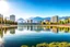 Placeholder: Sunny day, distant modern city, lake, lake reflections, people, mountains