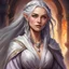 Placeholder: dungeons & dragons; fantasy; female; sorceress; silver eyes; silver hair; braids; young; long veil; teenager; pretty; half-elf; cute; welcoming; confident; elegant clothes; warm colored clothes; flowing robes; traveling; cloak; portrait; oil painting