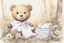 Placeholder: close-up of a cute chibi teddy bear packing piles of white clothes in the forest, laundry machine, grass and flowers next to him, melting watercolour and black ink outlines on wet paper, photorealistic, golden glitters S<AI in sunshine, ethereal, cinematic postprocessing