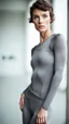 Placeholder: photography of a beautiful anorexic woman, grey satin triathlon top, brunette wavy pixie haircut, pronounced sternum, flat chest, grey satin cycling leggins