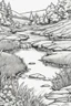 Placeholder: coloring page, creek through a meadow, cartoon style, thick lines, low detail, no shading