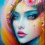 Placeholder: iv_a painting of a young woman, figurative art, an acrylic detailed painting, , brush strokes, paint drips and drabs and splatters by Harumi Hironaka, turquoise pink and yellow, james terrell art, trending on artstation, soft lines,intricate art by bastien lecouffe deharme and greg rutkowski