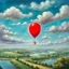 Placeholder: fantasy 90's tcg art of a single red balloon with a strange smiley face floating in the daytime sky with clouds