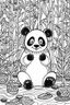 Placeholder: HAPPY NEW YEAR coloring page for kids, Panda munches on bamboo in patterned backdrop, thick outline, low details, no shading, no color