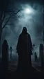 Placeholder: A mysterious creepy giant figure in a black robe rises through the fog over a dark, ominous cemetery at night. Cinematic style.