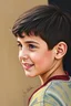 Placeholder: Seven year old Palestinian boy with beautiful face turning his face to the right and a slight smile and his mouth is closed and his teeth are not visible and his eyes are looking to the left he looks drawn with oil colors