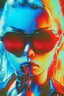 Placeholder: Photo of a beautiful blonde female Terminator, with dark sun glasses, bright red eye, holding a gun upwards, up close, Hollywood movie poster vibes, blue light night time, high contrast dark moody lighting.