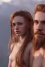 Placeholder: Jeune couple premier plan zoomé, visages hyper détaillés, ultra réaliste, 4k. Fille rousse aux cheveux raides, garçon musclé dreadlocks longs. Paysage de film ultra réaliste, montagne