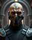 Placeholder: heavily scarred head bald male corellian jedi wearing gunmetal grey and black old republic armored flightsuit and breath mask with gold and metallic red trim inside the jedi temple, centered head and shoulders portrait, hyperdetailed, dynamic lighting, hyperdetailed background, 8k resolution, volumetric lighting, light skin, fully symmetric details