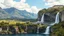 Placeholder: a picturesque natural landscape that includes majestic mountains and a serene countryside. Additionally, incorporate details about a stunning, large waterfall that enhances the beauty of the scene. The output should be structured as a narrative, painting a clear image with rich, descriptive language that evokes the sights and sounds of this beautiful environment water fall falls to a big sea with modern shipe in it.16 by 9