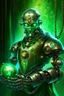 Placeholder: book illustration, oil painting portrait of metallic green faced slightly knightly smirking robot vampire holding magical ball in chain, bokeh , high detail, smooth render, prize winning