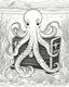 Placeholder: Adult coloring book page, octopus on the treasure chest under the sea, seabed, cartoon style, black and white, thicks lines, no color, white background, only strokes, high details, very intricate