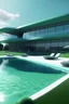 Placeholder: future living facilities whit tesla and swimming pool whit grass