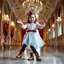 Placeholder: a 2 years old girl in modern clothing and makeup dancing with cute and joy with pertty boots in a modern royal hall