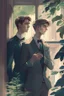 Placeholder: 20 Year boy with pretty face he is gay and gentle. smoking behind window while looking outdoor trees. His in a full official suit. his boyfriend beside him. They are happy