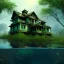 Placeholder: Abandoned house, overgrown, partially submerged,