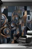 Placeholder: Create handpainted wall mural featuring abstract geometric forms reminiscent of machinery in the Vorticist style. Use industrial and metallic tones like steel gray, copper, and deep indigo for an avant-garde touch."