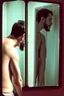 Placeholder: a man looking into a mirror and seeing a horrifying, abstract monstrous reflection