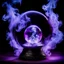 Placeholder: magical crystal ball, surrounded by smoke and sorcerous energy, purple lighting, black background