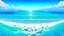 Placeholder: fantasy illustration pacific ocean blue color, sandy lagoon with small shells on the beach