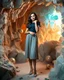 Placeholder: make a picture pretty cave made of crystal diamond 3d fractal recursive cubic and sphere base structures and a beautiful fashion model lady posing with cute,with dark cyan decholte top and pretty pleated midi skirt,siver high heels ,makeup curvy long hair,dynamic camera zoom to full body and pan, dynamic lights.