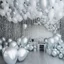 Placeholder: A picture of a room filled with silver party decoration. Include balloons, garlands, foil balloons