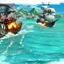 Placeholder: Two pirate ships fight each other at sea. Firing cannons. One ship is hit and burns after being hit.