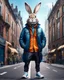 Placeholder: Conejo antropomorfico con chaqueta, Jens, tennis y gorra en la ciudad, full body, arte de ilustración, calidad ultra, hiperdetallado, maximalista, increíble obra de arte, 12k