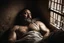 Placeholder: half figure shot photography of a sweat dirty marocan prisoner in cell sleeping lying down on a bed , manly chest, shirtless, muscular strong chubby 44 years old, low lights, ajar mouth, long beard, misery and poverty, dim light enters from a skylight above, lights from above, photorealistic, ambient occlusion, aerial view