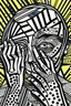 Placeholder: tribal man in grief with hands on face crazy shapes pencil draw style of roy lichtenstein