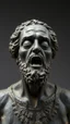 Placeholder: Ceramic style statue all colours are dark gray of an old church man from the 1000 BC in it a whole body and the head of dead man with thick curly hair and his eyes are closed and open mouth with rage