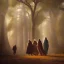 Placeholder: Three men in long hooded robes striding towards a tent in the shade of oak trees at afternoon