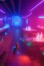 Placeholder: dog and gun in a cyberpunk bar, digital art style. fantasy, neon lights, volumetric lighting, particales, wide shot,