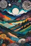 Placeholder: abstract paper collage overlayed with Zentangle patterns that depicts the vastly diverse, rugged landscape of Nature beneath an ethereal, cosmic night sky, highly detailed, vibrant natural color, with bold ink outlining