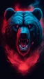 Placeholder: 2D image of abstract angry bear head symbol tattoo with rose element,blue and red tone light,motions fog smoke on dark cinematic background