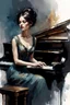 Placeholder: Brunette Thin Caucasian Woman 30yo Black Short Straight Bob Hair, Beautiful Makeup, wearing a victorian dress, playing a piano and singing, mysterious esoteric atmosphere :: digital matt painting with rough paint strokes by Jeremy Mann + Carne Griffiths + Leonid Afremov