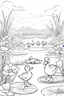 Placeholder: A black and white outline art for a kids coloring page, Cute ducklings following their mother, outlined against a calm pond with lily pads., outlined against a sunny day with straightforward mud patches., bold outlines and a clear sky background., white background , sketch style , full body, only use outline, mandala style, clean art , white background, no shadows and clear well outlined