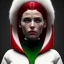 Placeholder: Pretty irish woman, rounded face, red,green, white, hoodie, feathers, retro, latex, leather, soft color, highly detailed, art stations, concept art, smooth, unreal engine 5, god rays, ray tracing, RTX, lumen lighting, ultra detail, volumetric lighting, 3d, finely drawn, high definition, high resolution, neon background.