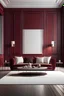 Placeholder: luxurious minimal interior design with a sofa and armchair, large living room with sunlight, white wall panels, dark red wall covering and artwork sculpture