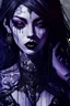 Placeholder: painting of a woman with dark purple-black long hair and black tattoos on her body, a cold, indifferent expression, silver and black onyx jewelry, black lace dress, cybernetics, crepy stunning anthropomorphic female, Minjae Lee vibe, cbybernetic and etheral human, ancient deity, by Vincent Lefevre and Yoshitaka Amano