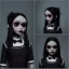 Placeholder: Jenna ortega with wednesday addams black dress,soft goth libstick, wednesday addams make up, dramatic lighting, highly detailed, volumetric lighting, unreal engine, 8k