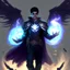 Placeholder: A 25 years boy persian in matte black robes with flaming eyes with grin with flaming light blue pupils stands atop a squire Two infinity gauntlets contain six infinity stones, one of which is made with nano In the hands of a powerful man walking While standing on a majestic height from afar With two big wings