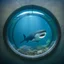 Placeholder: A cute little Basking Shark in a small circular fish tank.