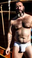 Placeholder: photography of a burly marocan fisherman sunbathing on a fisher wooden boat, in little french briefs, tattoo, manly chest, ugly, 44 years old, bullneck, white long beard, dreadlocks, muscular chubby, screaming, angry eyes, photorealistic, Canon EOS, 8k