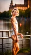 Placeholder: beautiful anorexic ukrainian woman, total shot, shiny silver triathlon swimsuit, short blond wavy bob hair, blurred city background, smiling