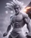 Placeholder: Goku, avatar, white hair, fighting pose, muscular body, shirtless, volumetric details, hyper realism, unreal engine 5