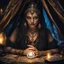 Placeholder: Hyper Realistic photographic-view of Wicked-&-Beautiful-Fortune-teller-with-glowing-golden-eyes wearing black-beed-necklace-&-bracelet angrily Looking at her crystal-ball glowing magically & sitting in her tent at dark-night decorated with fancy-traditional-feathers-&-tarot-cards showing dramatic & cinematic ambiance"