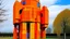 Placeholder: A giant orange mechanical evil looking church painted by Piet Mondrian